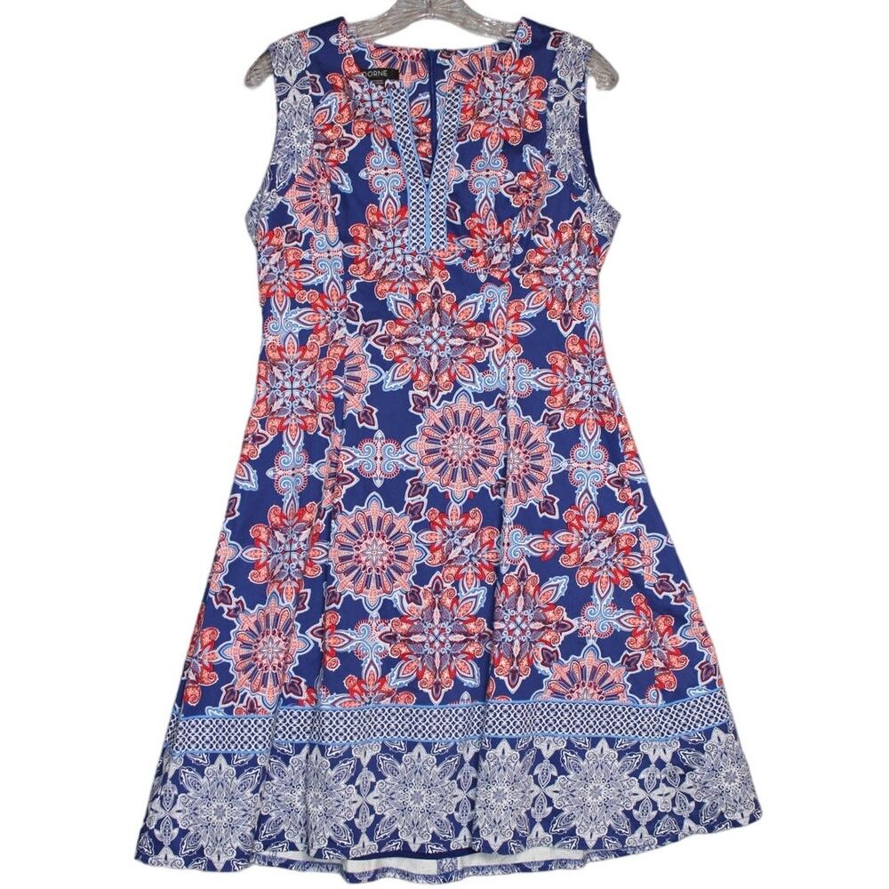 Stitch Fix ADORNE Cornelia Blue Paisley Cotton Scuba Dress‎ Size 4 Split Neck